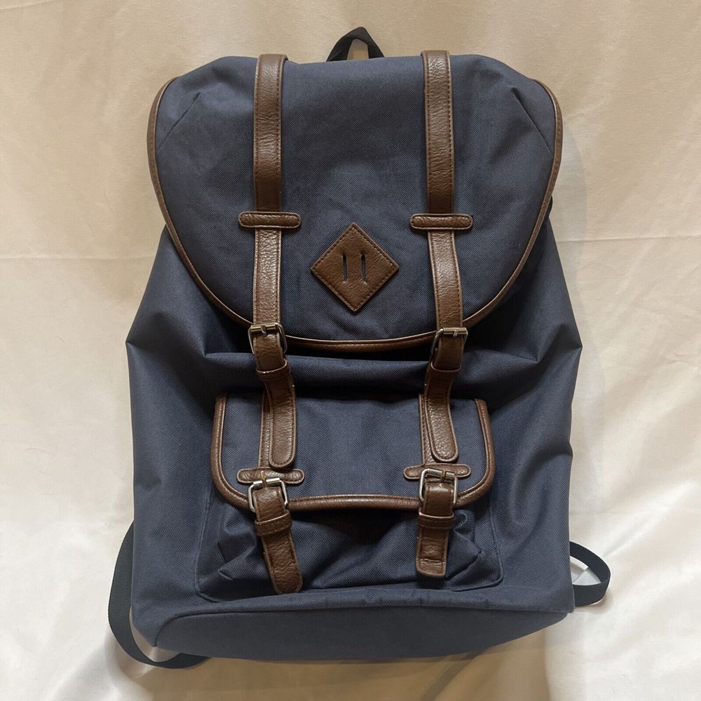 Merona Unisex Blue Backpack Bag‎ Brown Leather Straps Fashion Causal pack READ